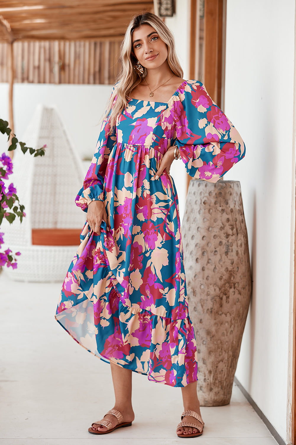 Multicolor Boho Floral Print Square Neck Ruffle Midi Dress