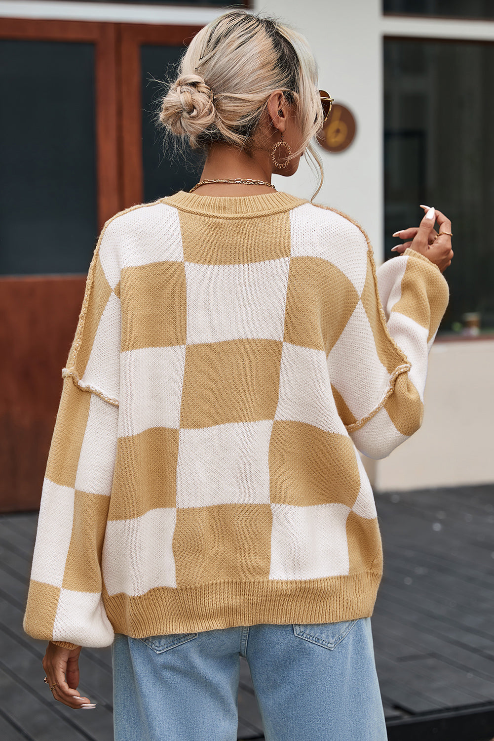 Pink Checked Bishop Sleeve Pullover Sweater