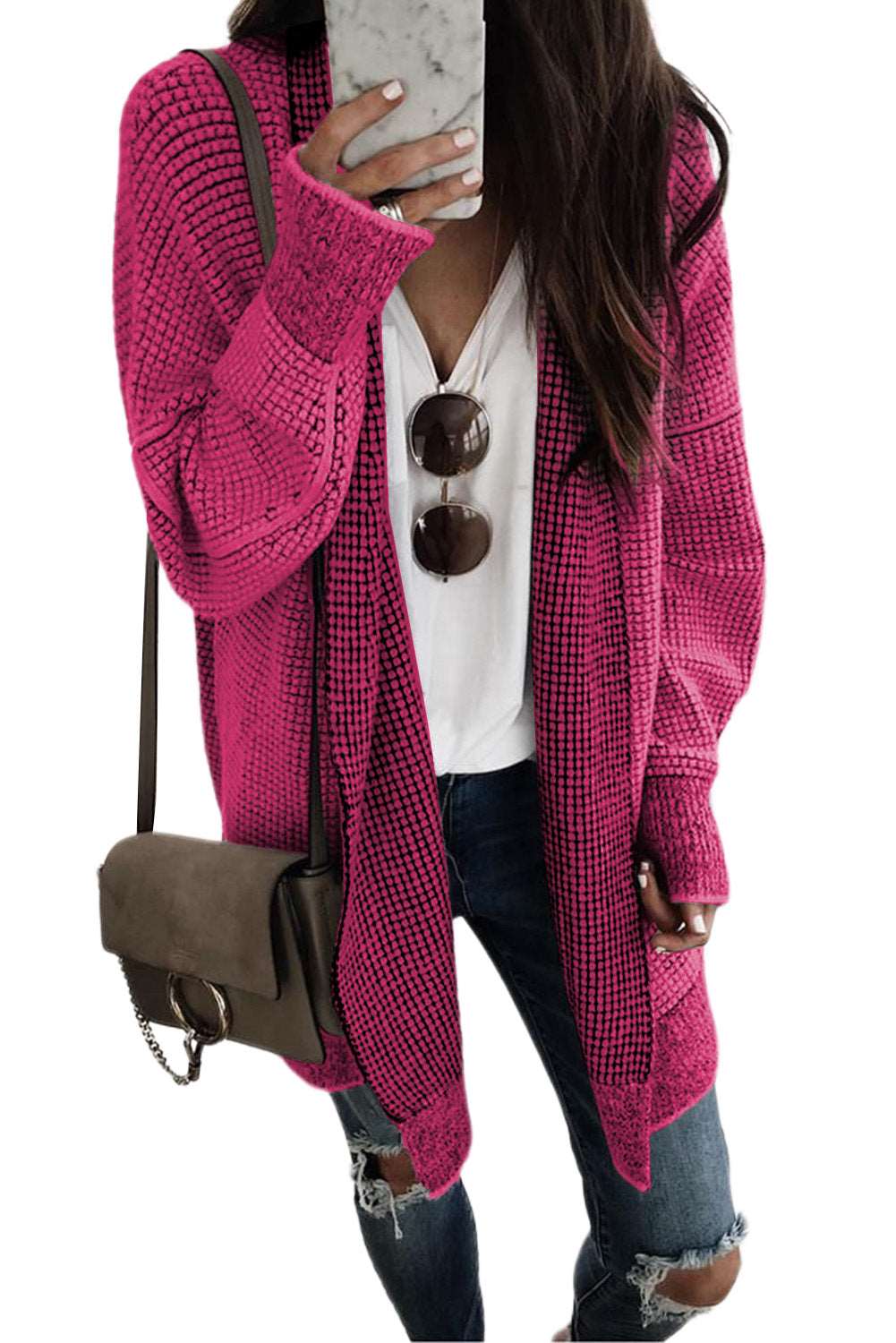 Apricot Plaid Casual Open Front Long Knit Cardigan