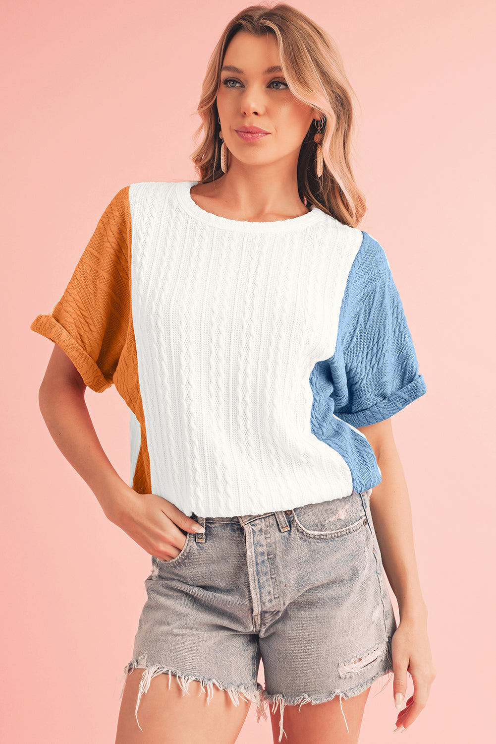 Light Blue Color Block Textured Loose Fit T Shirt