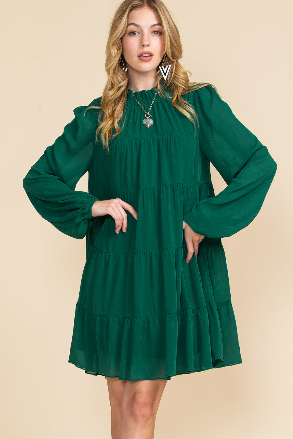 Green Mock Neck Solid Color Pleated Mini Dress