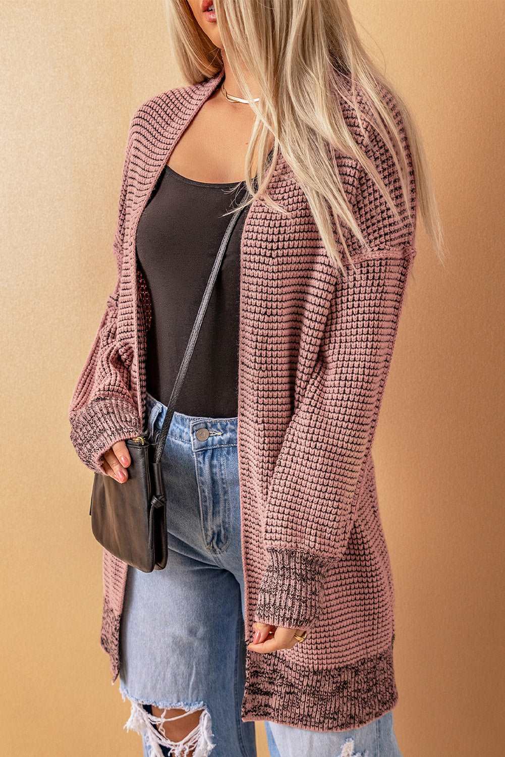 Apricot Plaid Casual Open Front Long Knit Cardigan