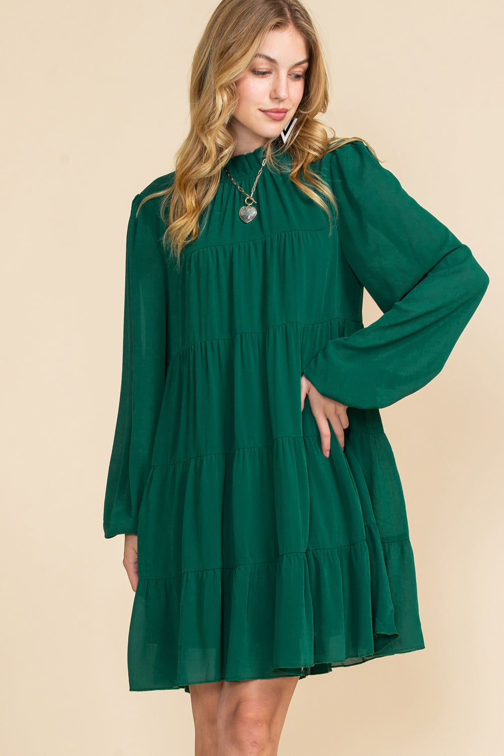 Green Mock Neck Solid Color Pleated Mini Dress