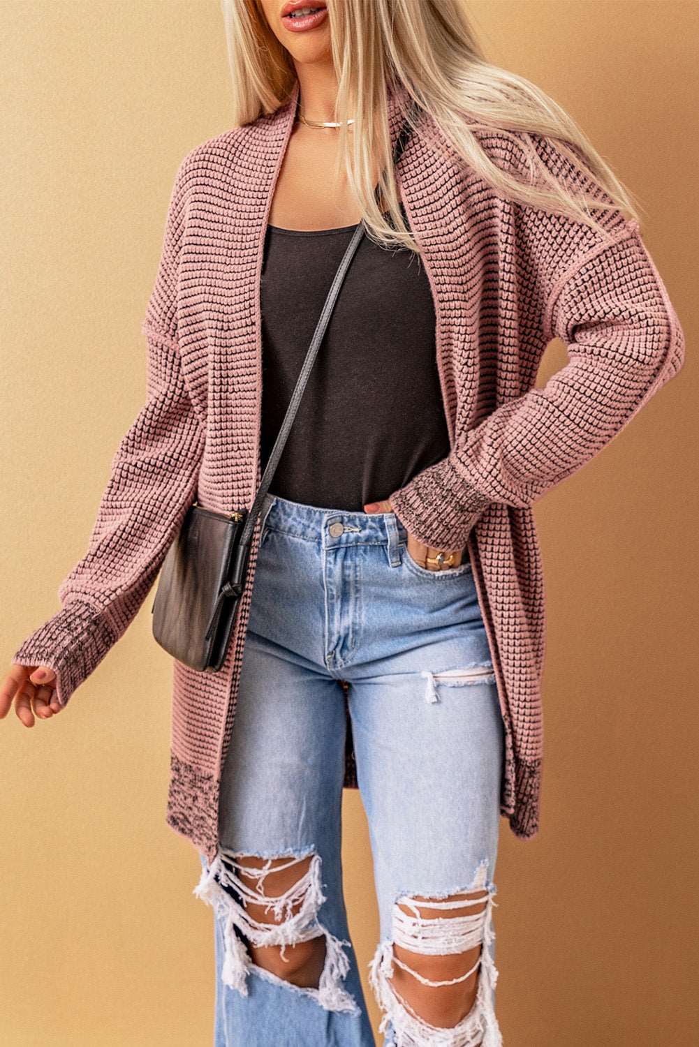 Apricot Plaid Casual Open Front Long Knit Cardigan