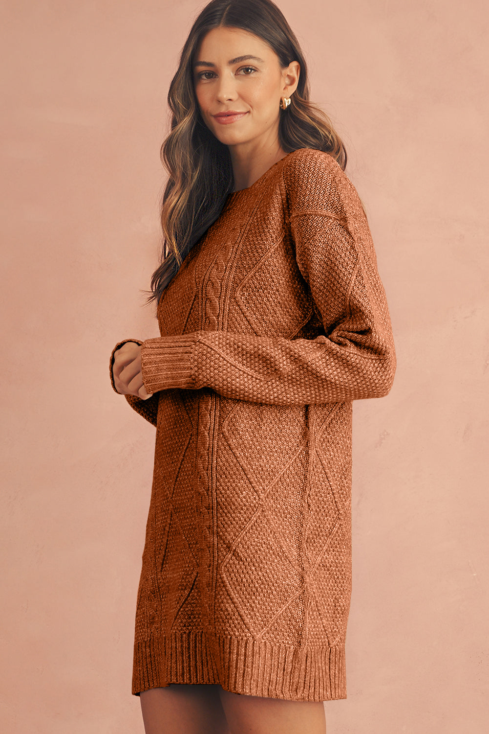 Coffee Twist Cable Knit Drop Shoulder Loose Fit Sweater Dress