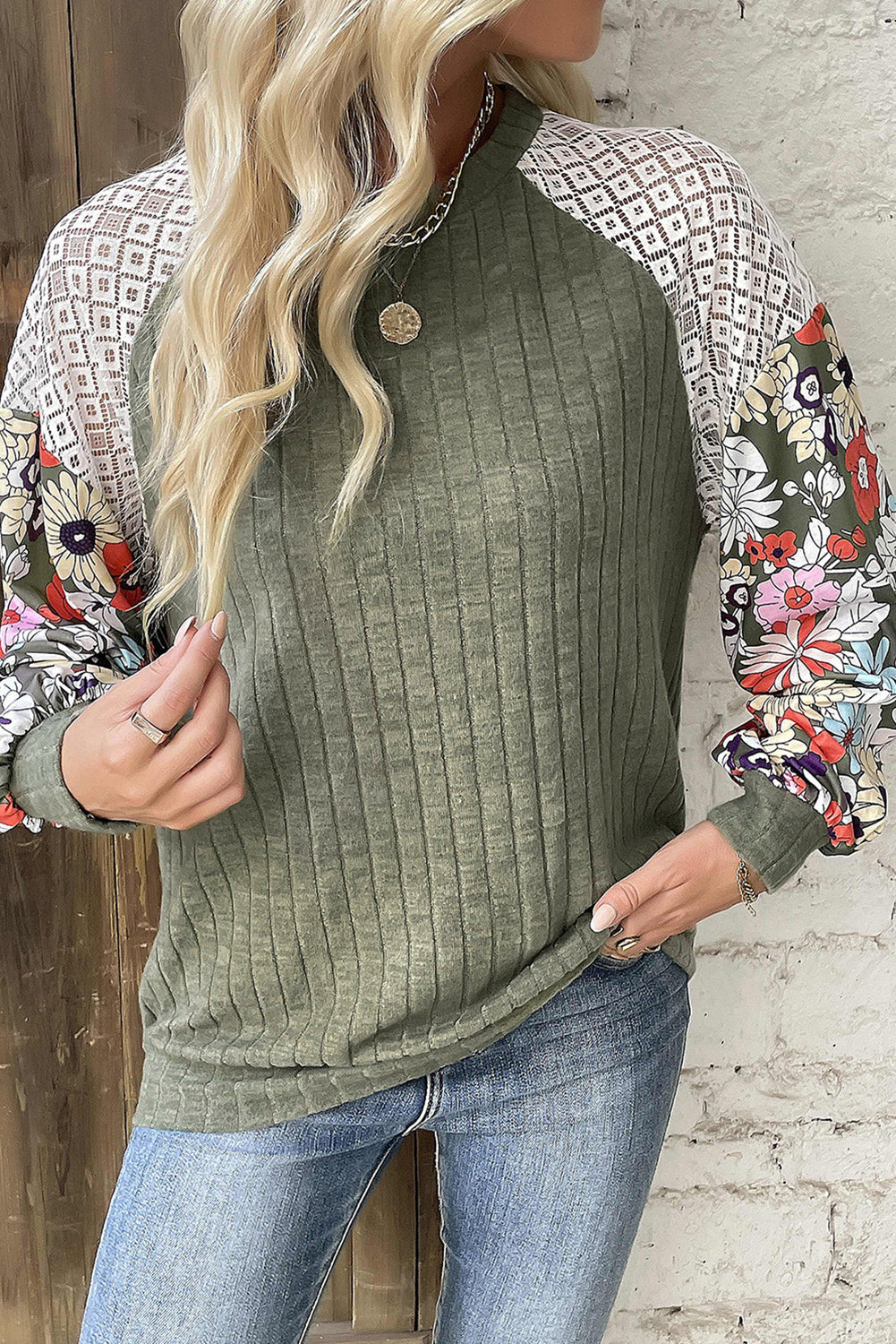 Laurel Green Floral Patchwork Raglan Sleeve Ribbed Blouse