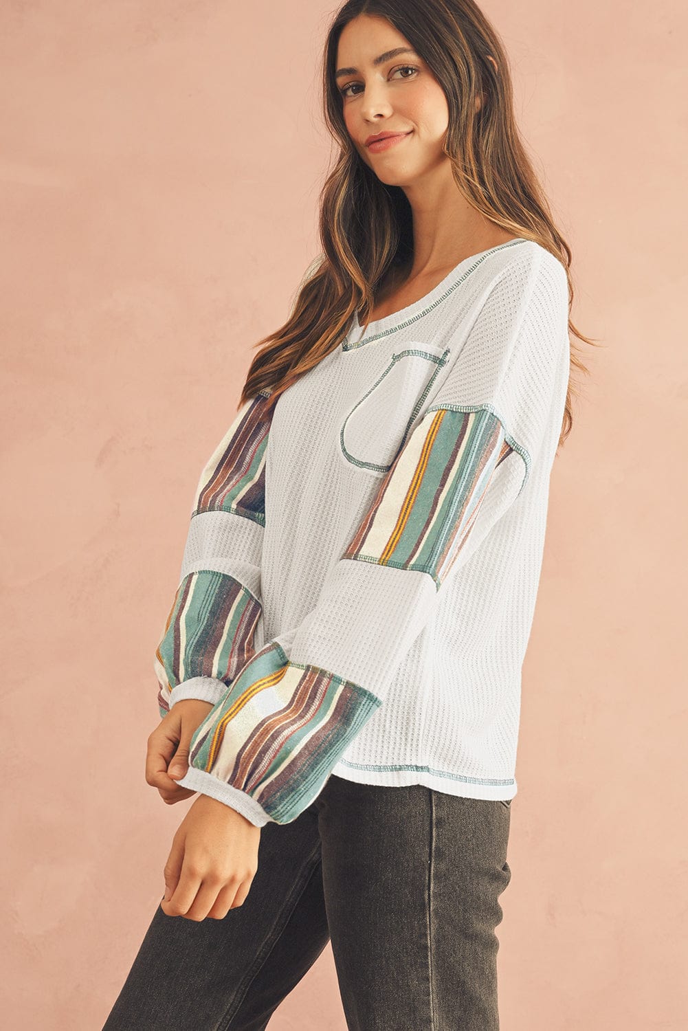 White Striped Patchwork Exposed Seam Waffle Knit Top