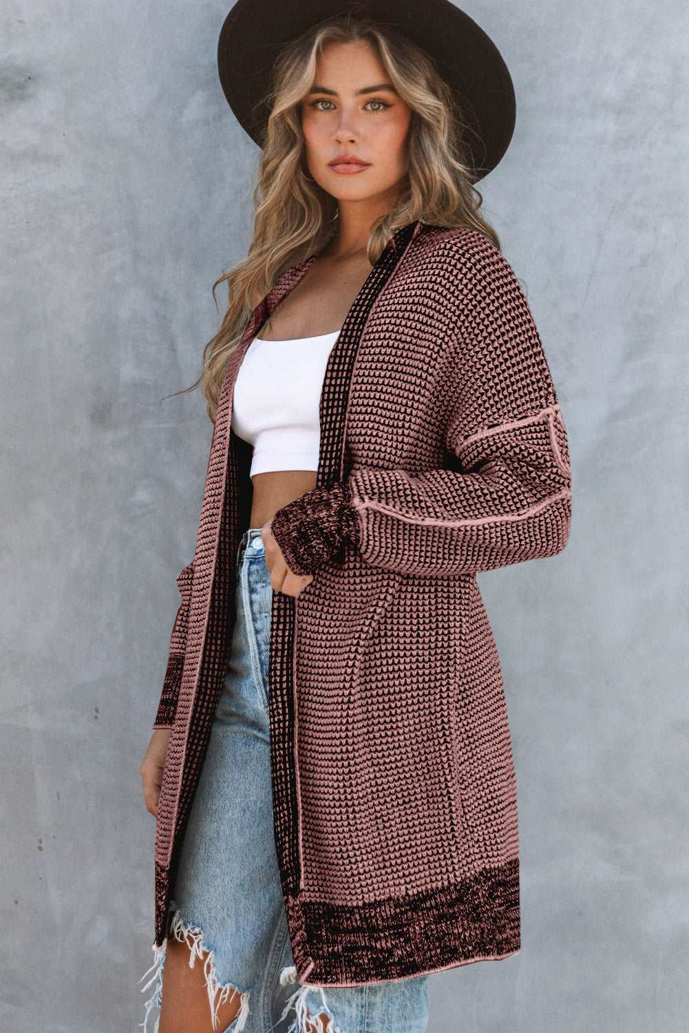 Apricot Plaid Casual Open Front Long Knit Cardigan