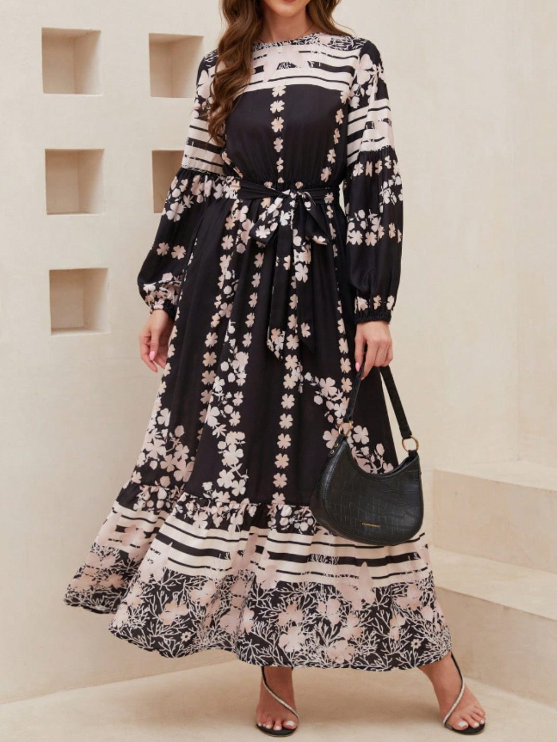 Printed Round Neck Long Sleeve Maxi Dress with Pockets