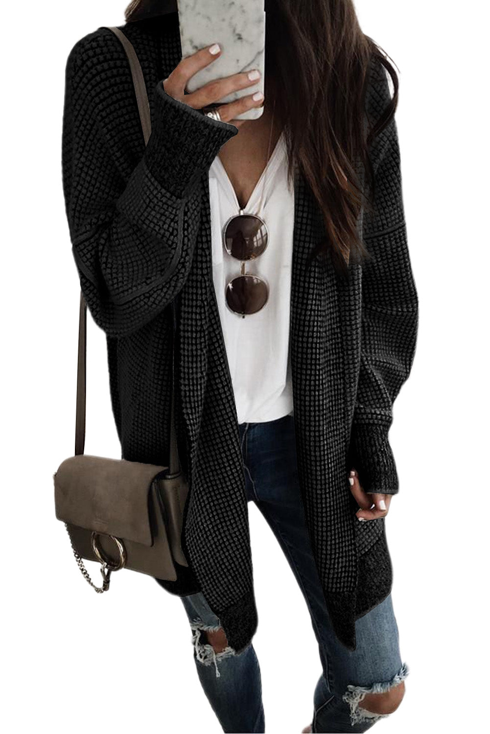 Apricot Plaid Casual Open Front Long Knit Cardigan