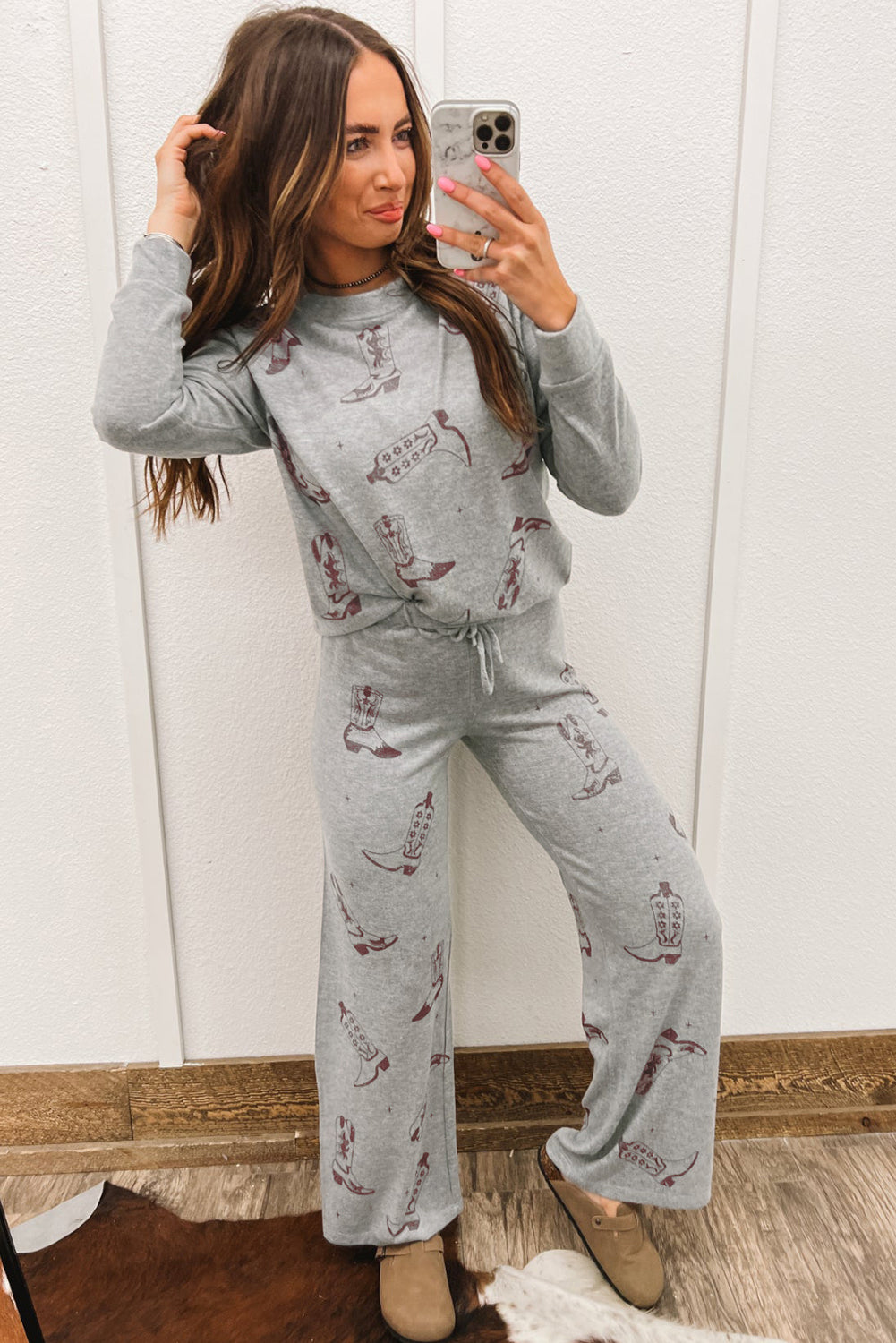 Brown Boots Print Long Sleeve Top and Drawstring Pants Pajama Set