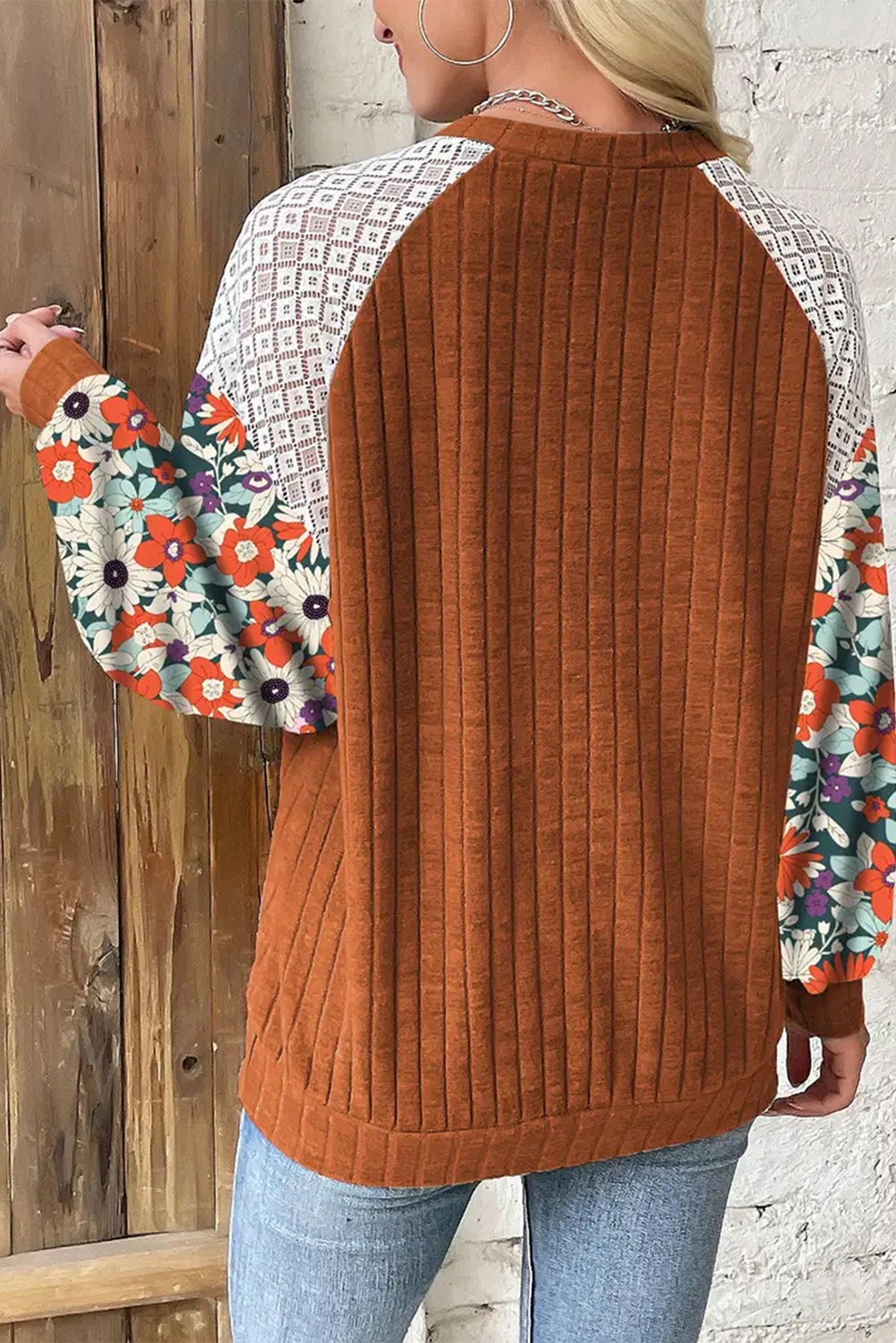 Laurel Green Floral Patchwork Raglan Sleeve Ribbed Blouse