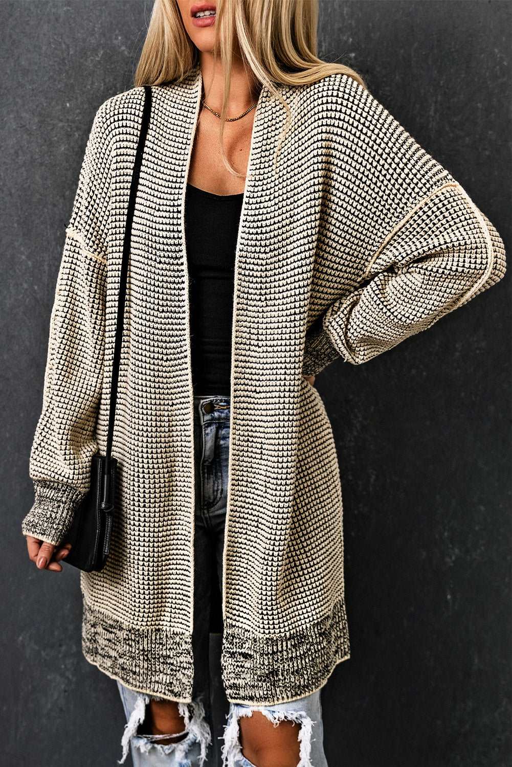 Apricot Plaid Casual Open Front Long Knit Cardigan