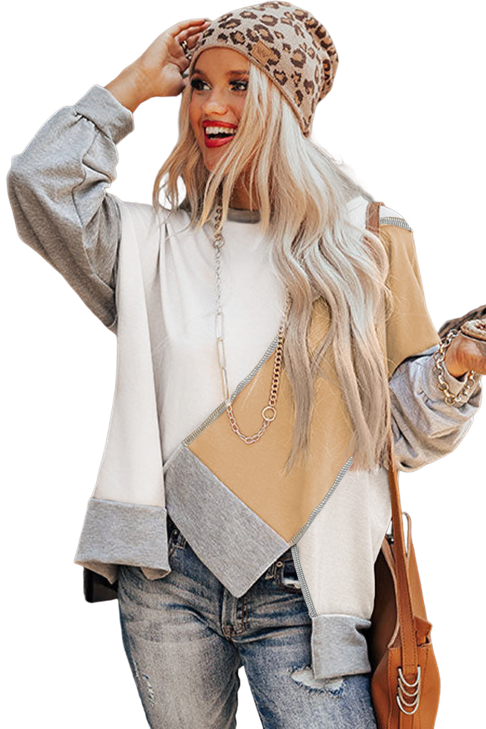 Khaki Colorblock Stitching Irregular Hem Long Sleeve Top