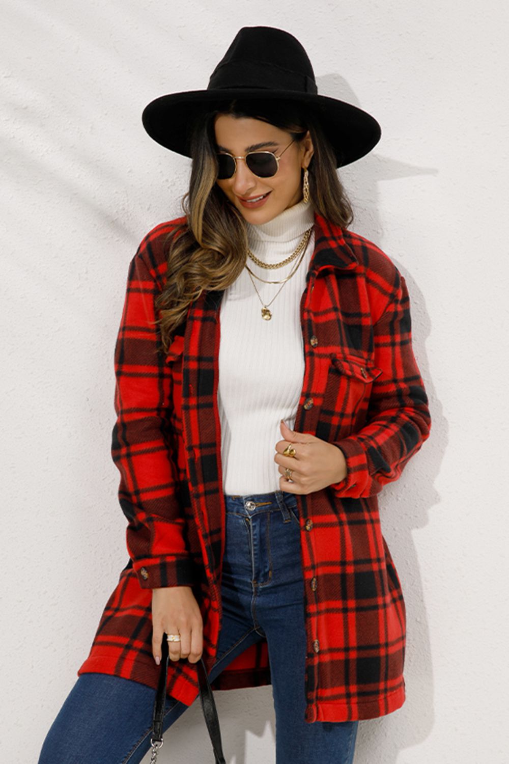 Shiny Plaid Collared Longline Coat