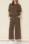 Brown Textured Loose Fit T Shirt and Drawstring Pants Set