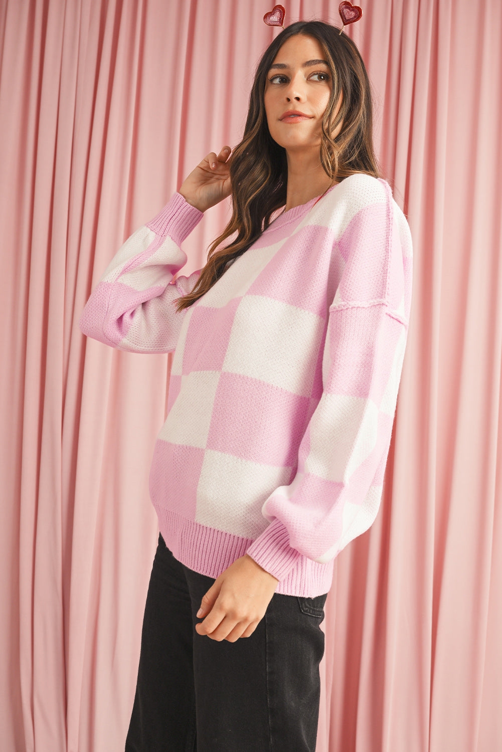 Pink Checked Bishop Sleeve Pullover Sweater