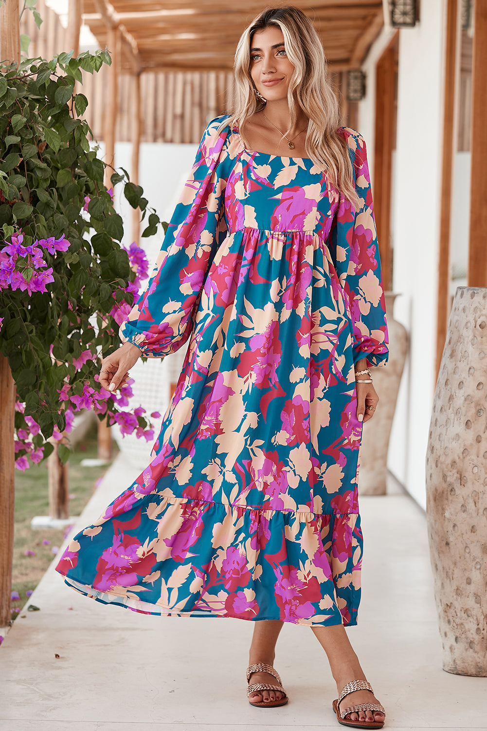 Multicolor Boho Floral Print Square Neck Ruffle Midi Dress