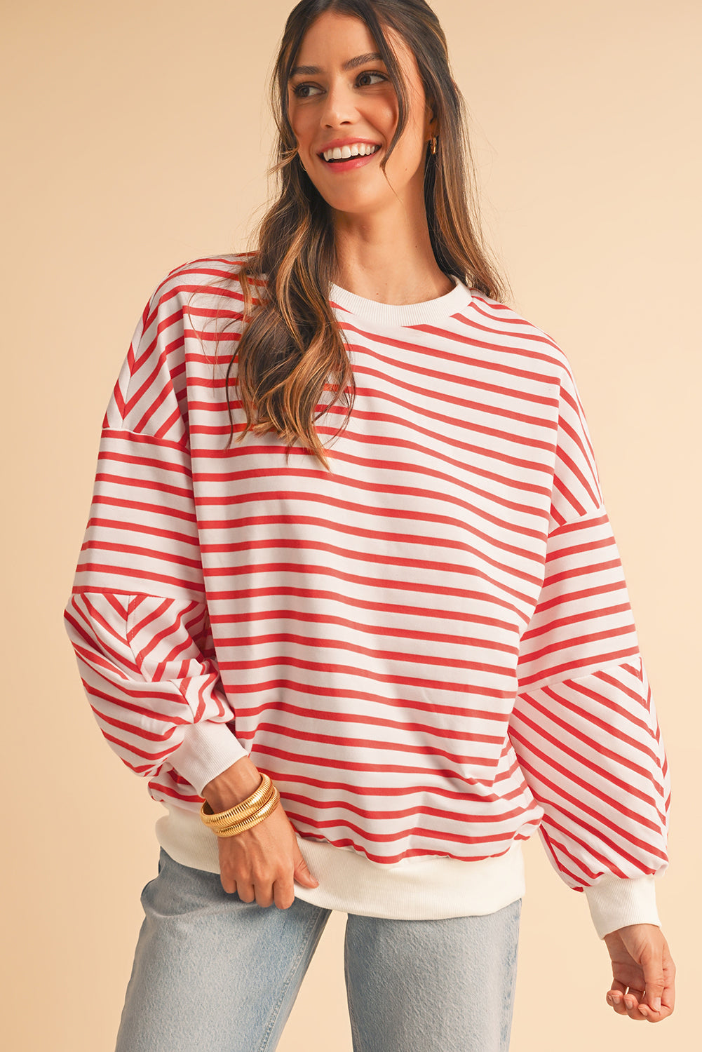 Orange Stripe Drop Shoulder Crew Neck Loose Sweatshirt