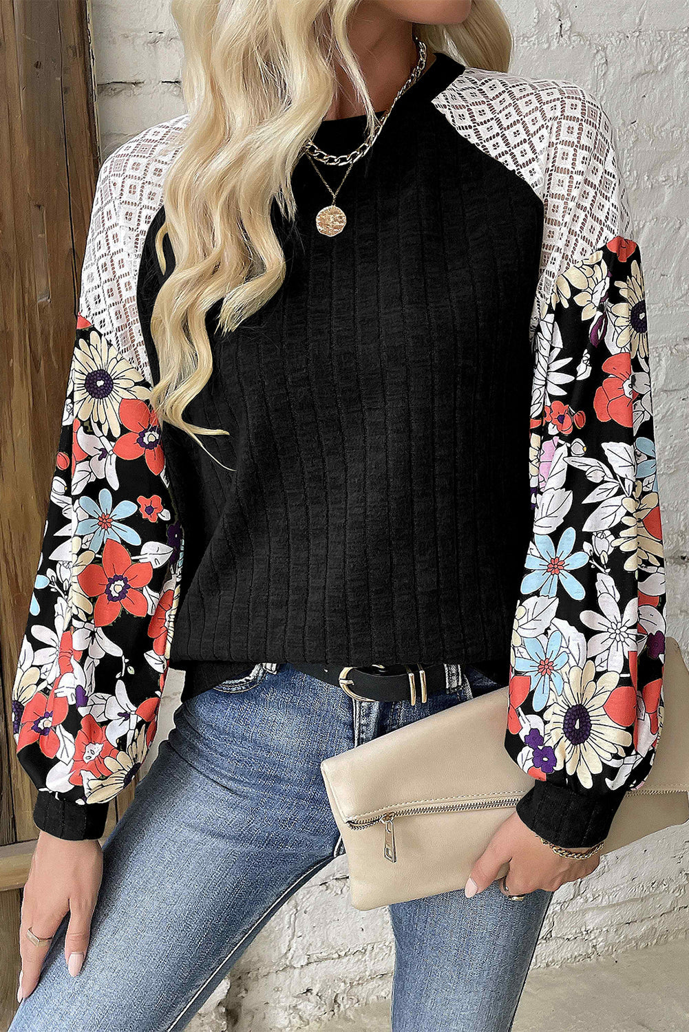 Laurel Green Floral Patchwork Raglan Sleeve Ribbed Blouse