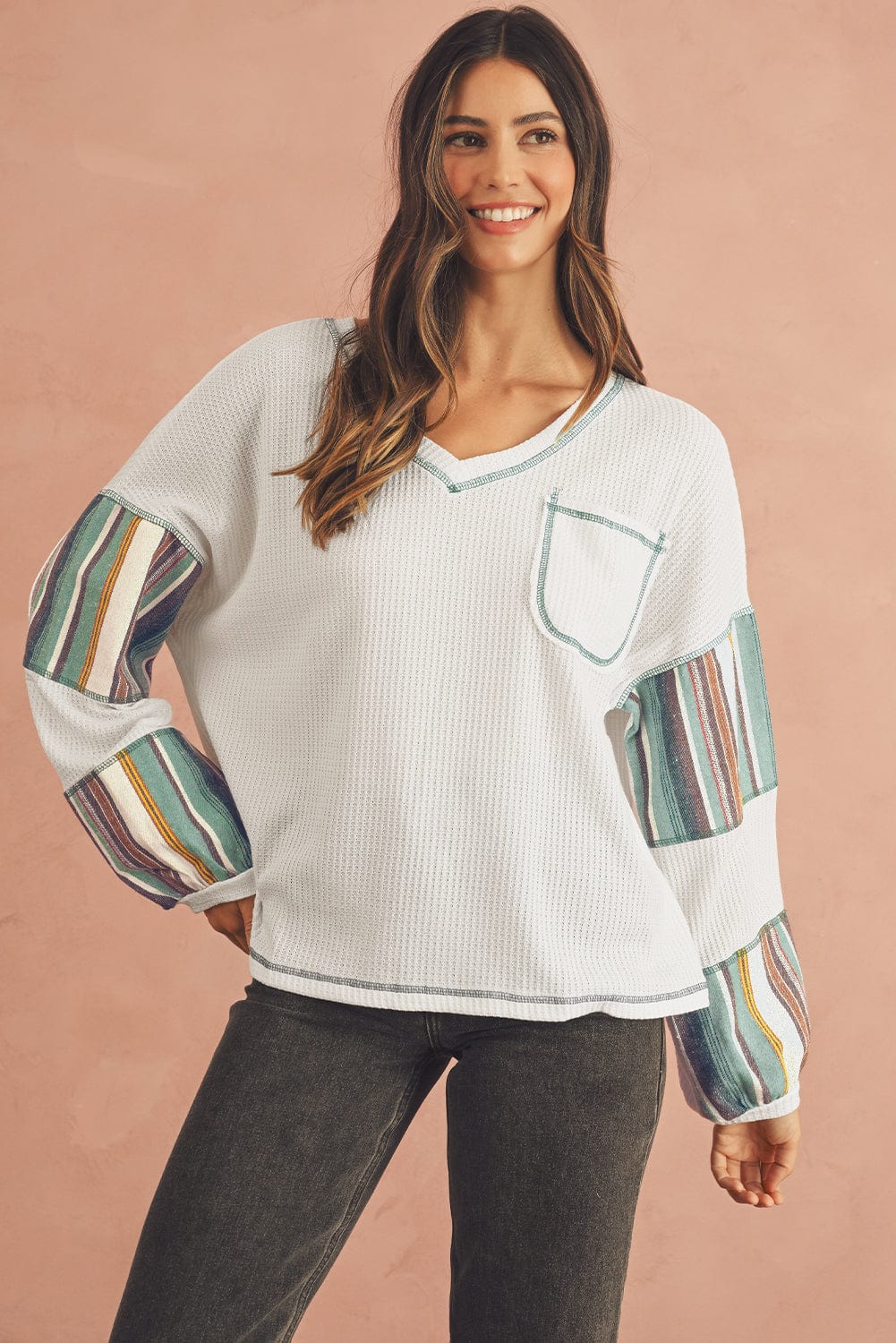 White Striped Patchwork Exposed Seam Waffle Knit Top