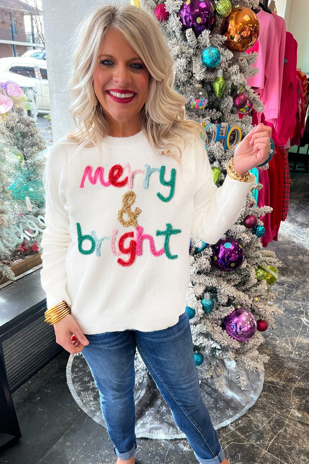 White Glitter Merry & Bright Round Neck Knit Sweater