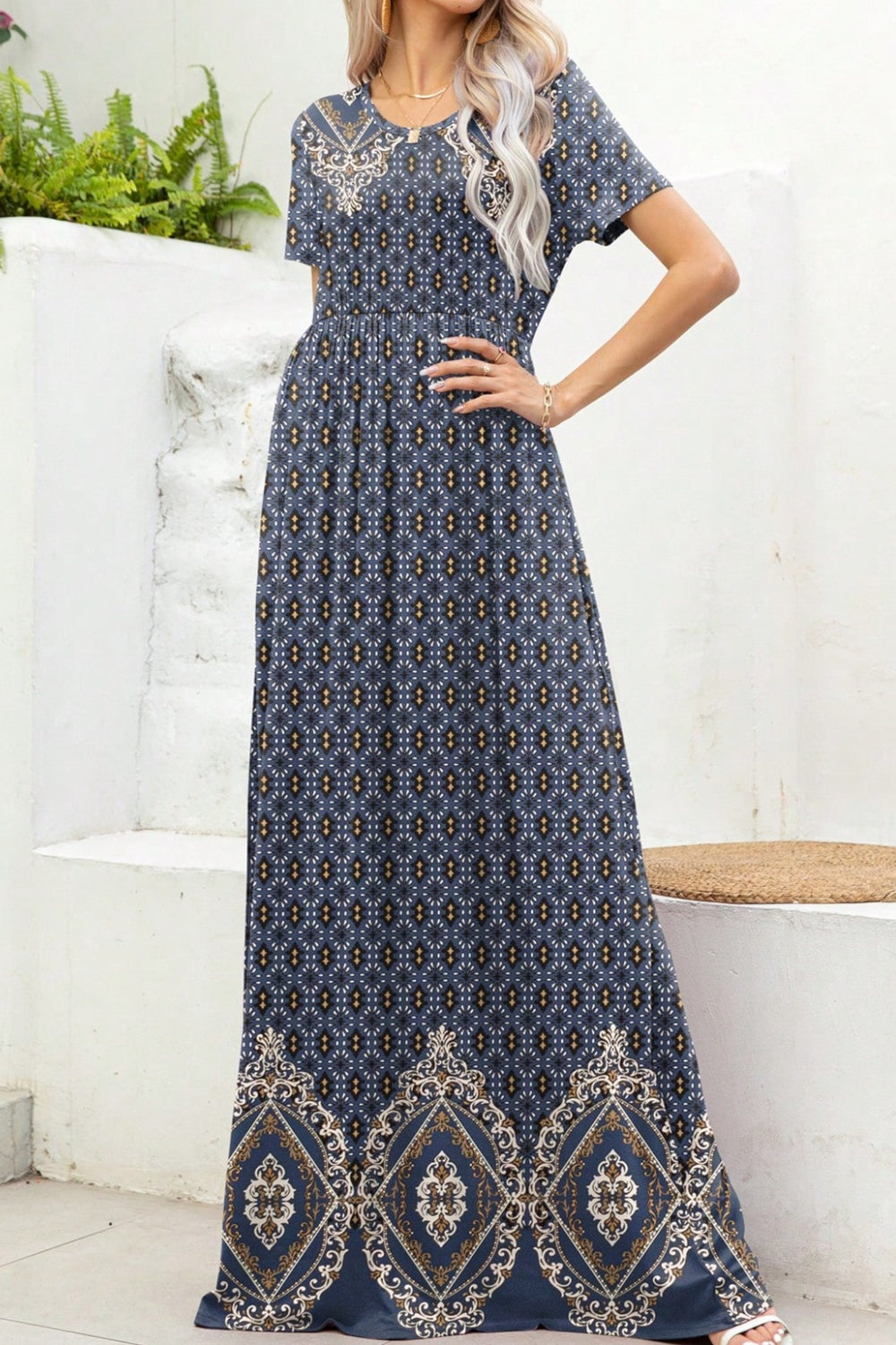 Printed Round Neck Short Sleeve Maxi Dress