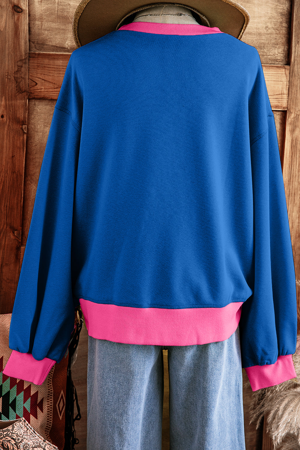 Blue Contrast Trim Bubble Sleeve Sweatshirt