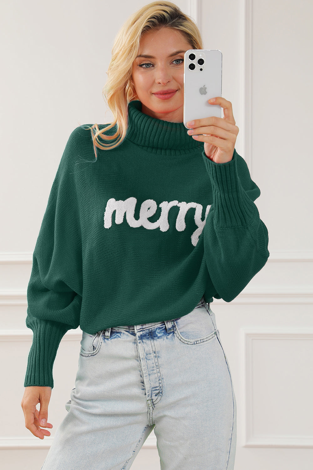 Green Turtle Neck Batwing Sleeve Merry Christmas Sweater