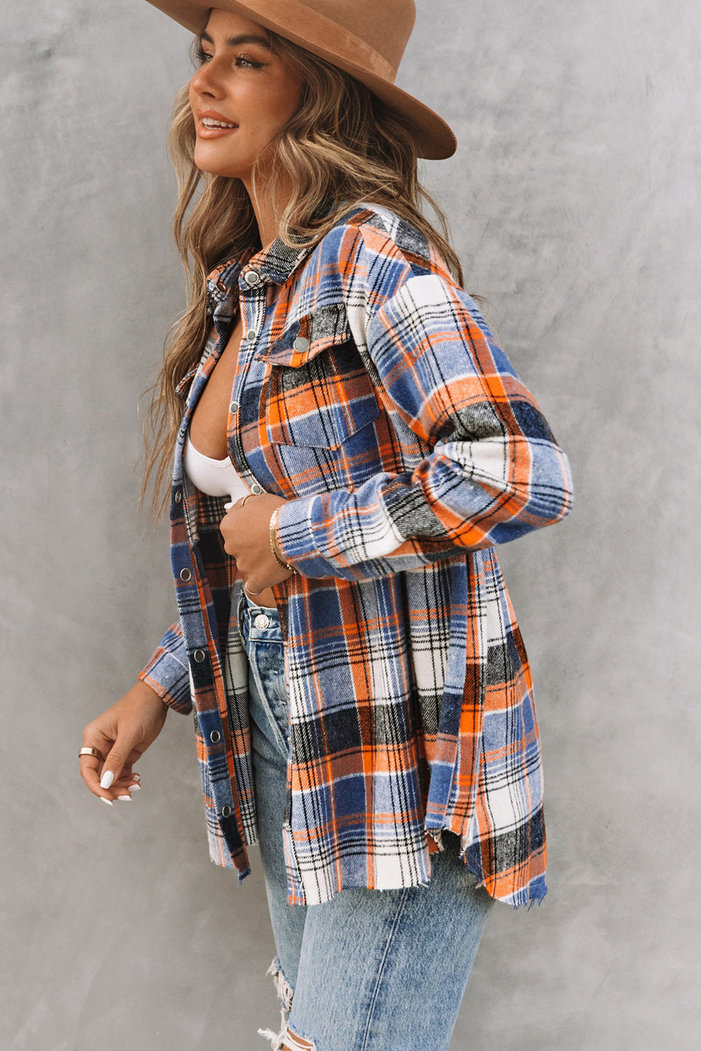 Multicolor Plaid Snap Button Casual Raw Hem Shirt Shacket