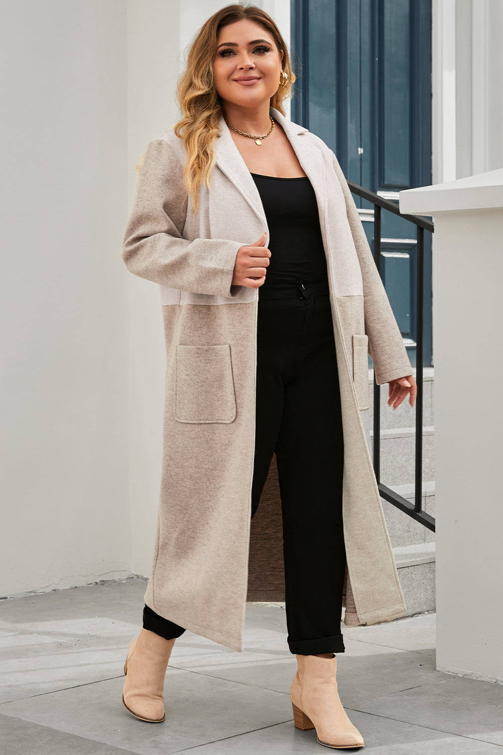 Plus Size Collared Neck Buttoned Longline Coat