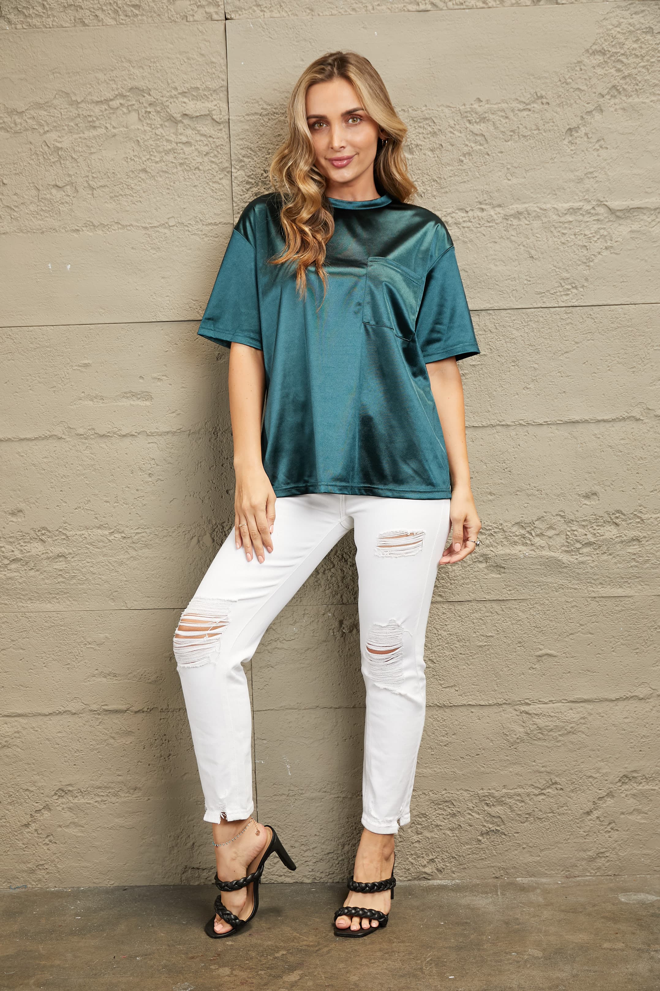 Double Take Round Neck Dropped Shoulder Top