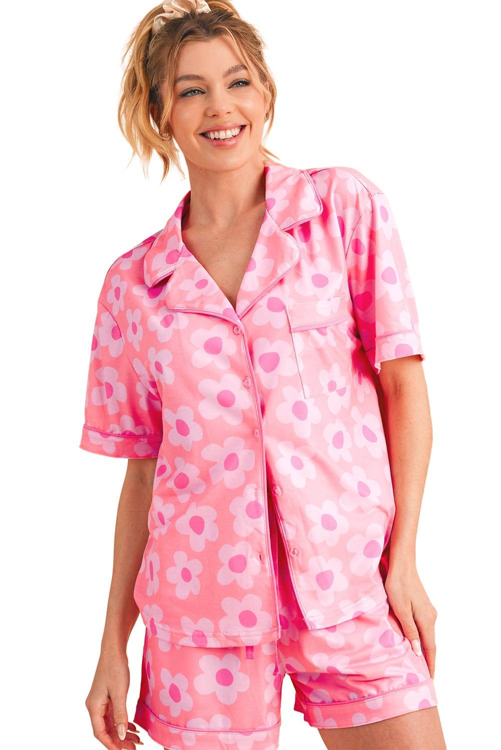 Pink 60s Flower Print Buttoned Shirt and Drawstring Waist Pajama Set