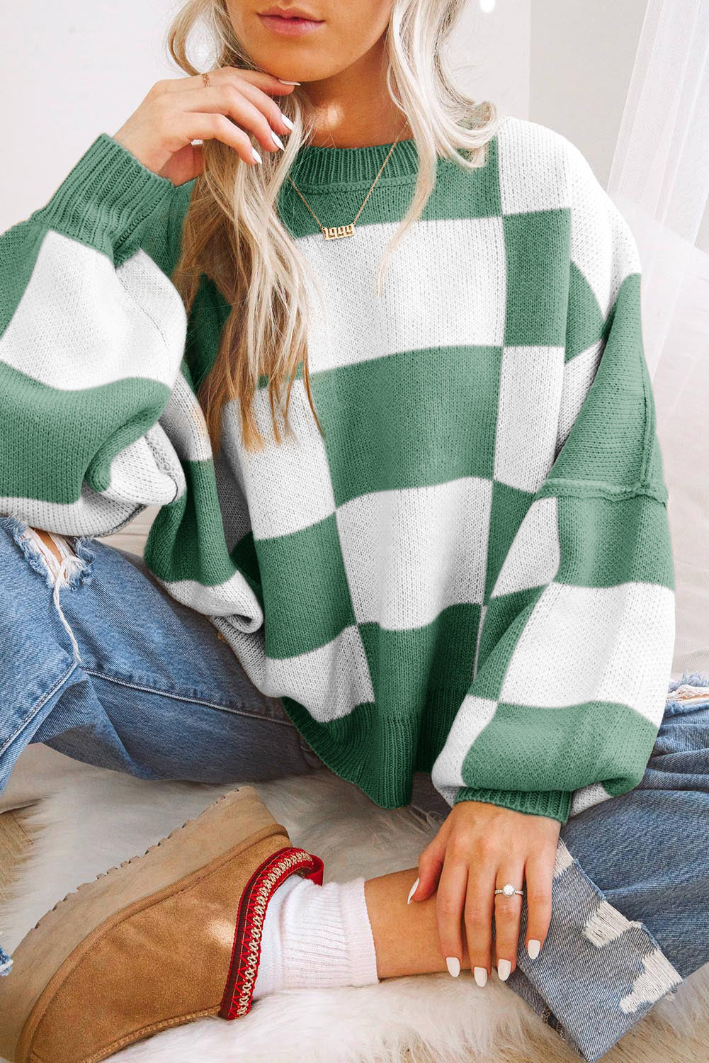 Pink Checked Bishop Sleeve Pullover Sweater