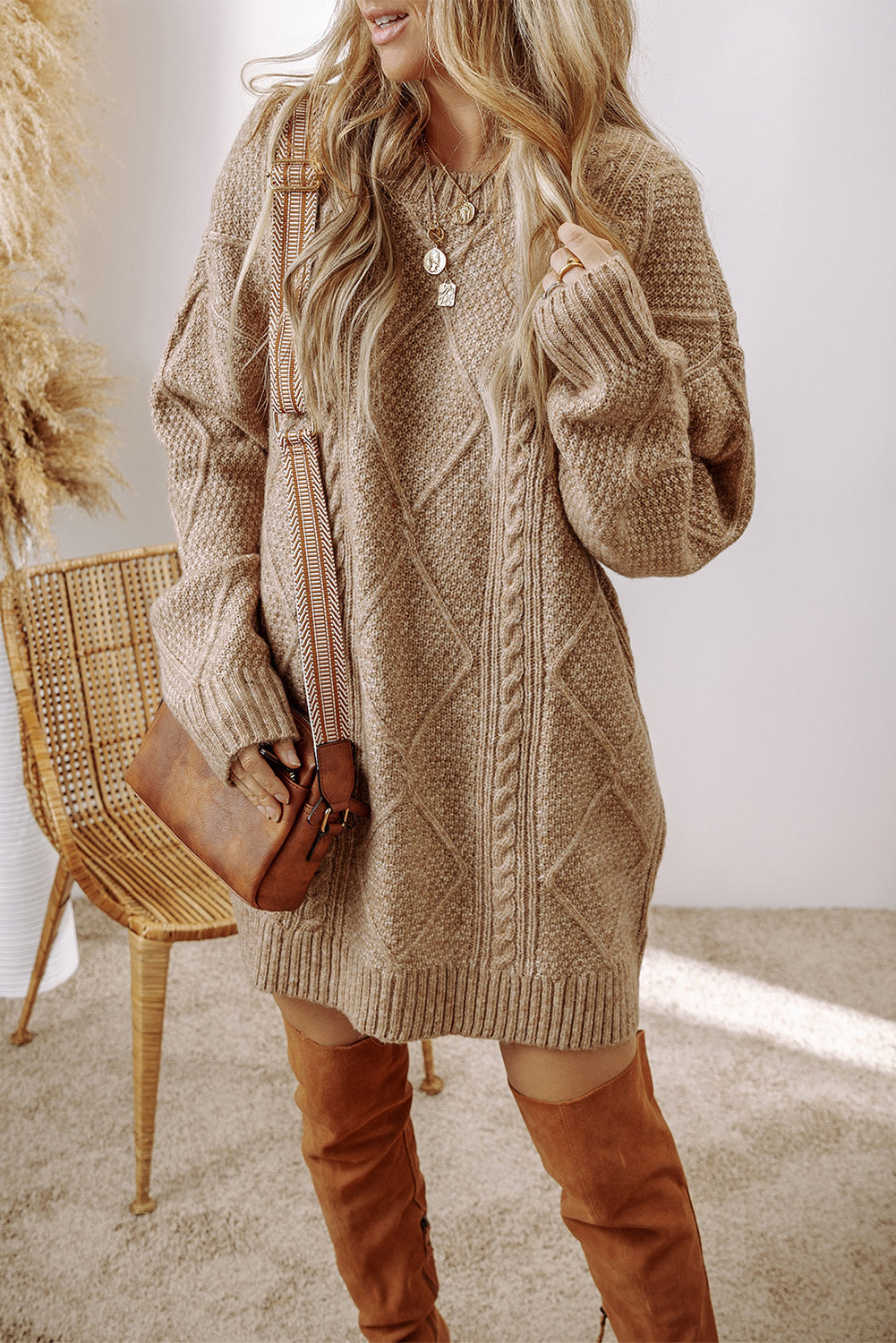 Coffee Twist Cable Knit Drop Shoulder Loose Fit Sweater Dress