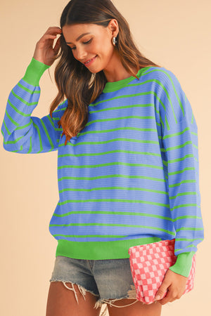 Orange Stripe Round Neck Drop Shoulder Loose Sweater