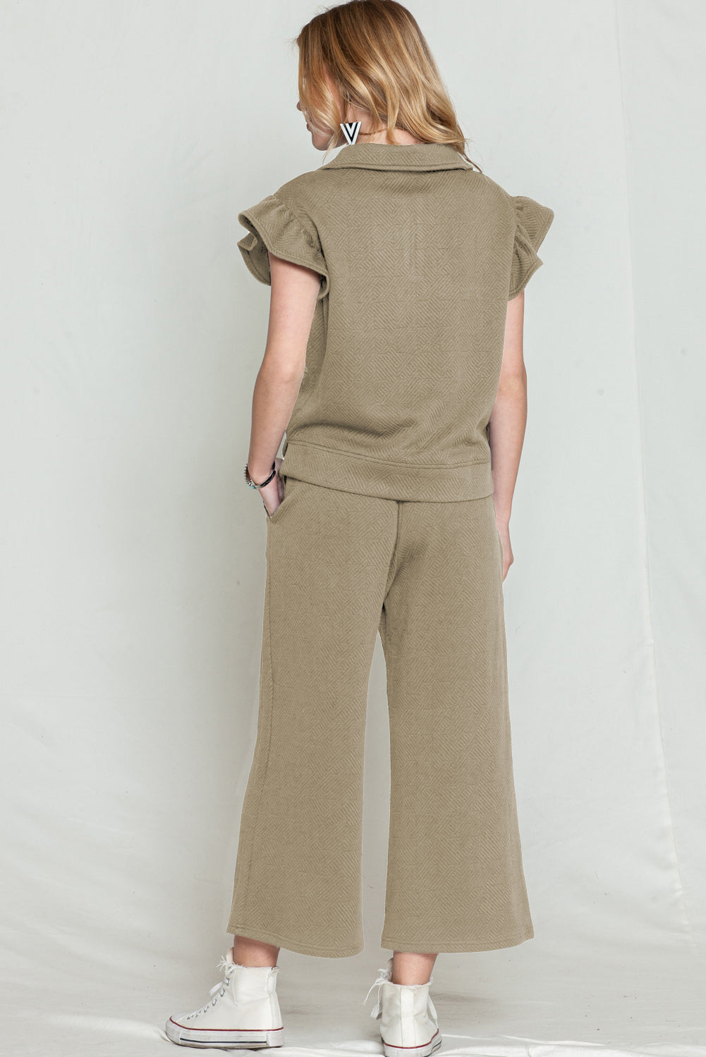 Khaki Textured Ruffle Cap Sleeve Top and Wide Leg Pants Set