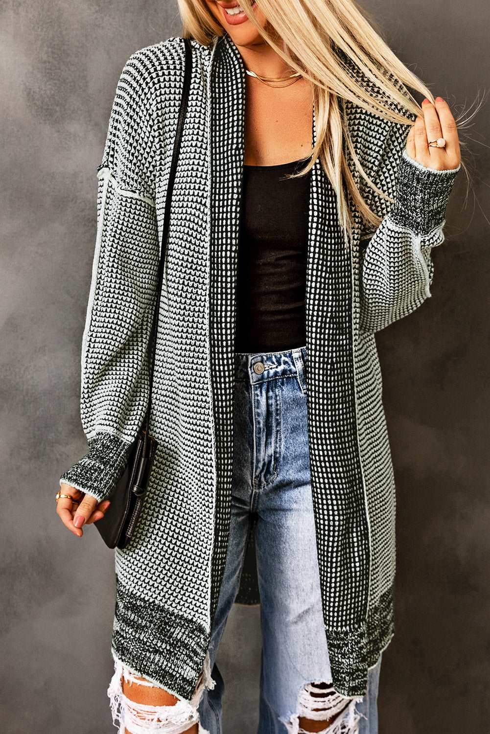 Apricot Plaid Casual Open Front Long Knit Cardigan