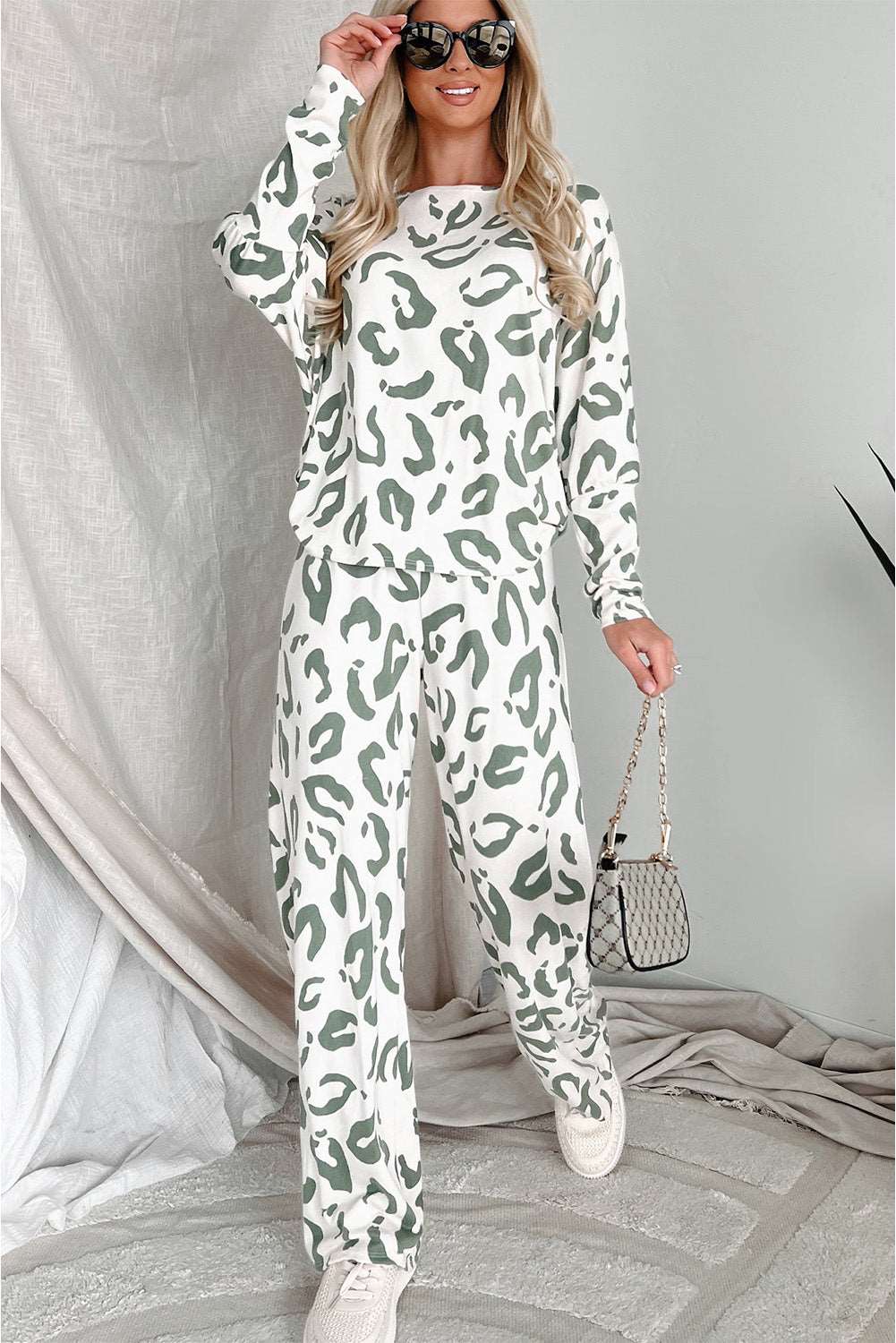 Beige Leopard Print Long Sleeve and Pants Loungewear Set