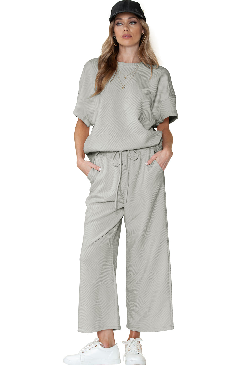 Brown Textured Loose Fit T Shirt and Drawstring Pants Set