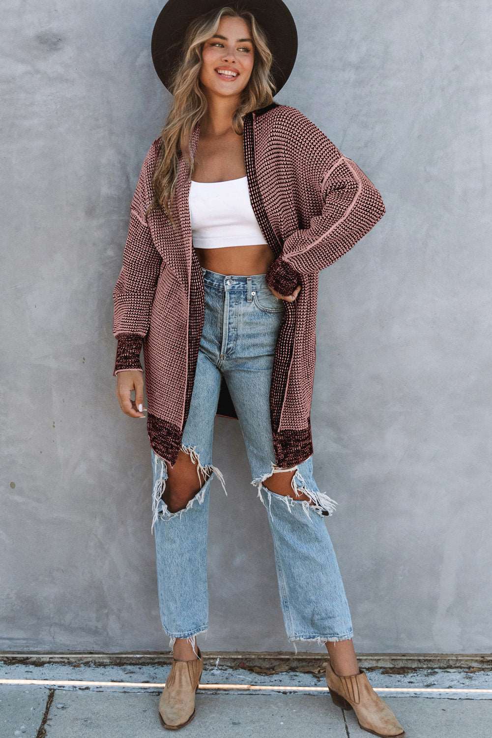 Apricot Plaid Casual Open Front Long Knit Cardigan