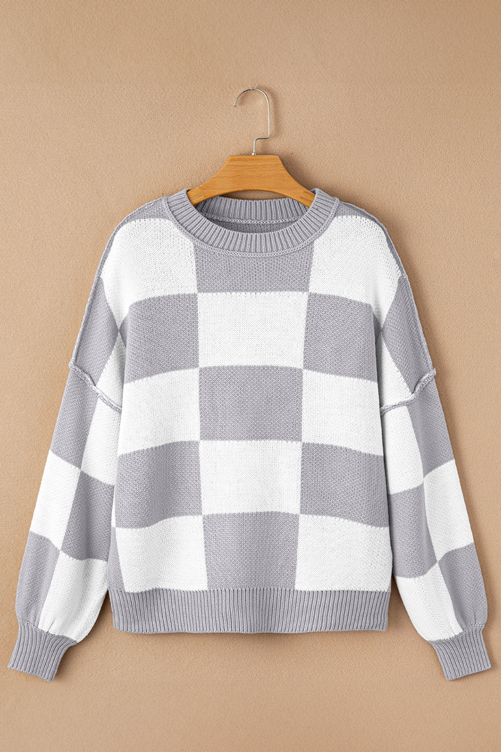 Pink Checked Bishop Sleeve Pullover Sweater