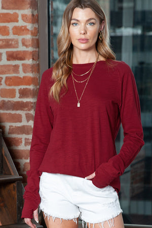 Dark Red Plain Thumbhole Long Sleeve Top