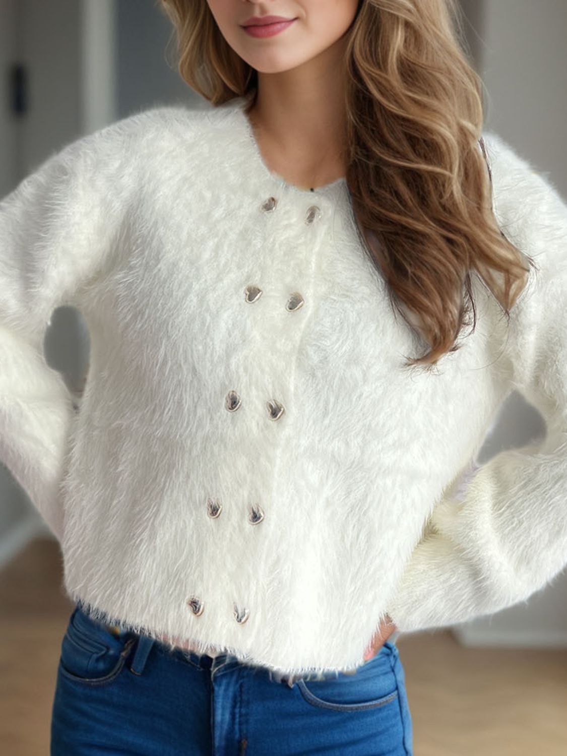 Heart Button Round Neck Cardigan