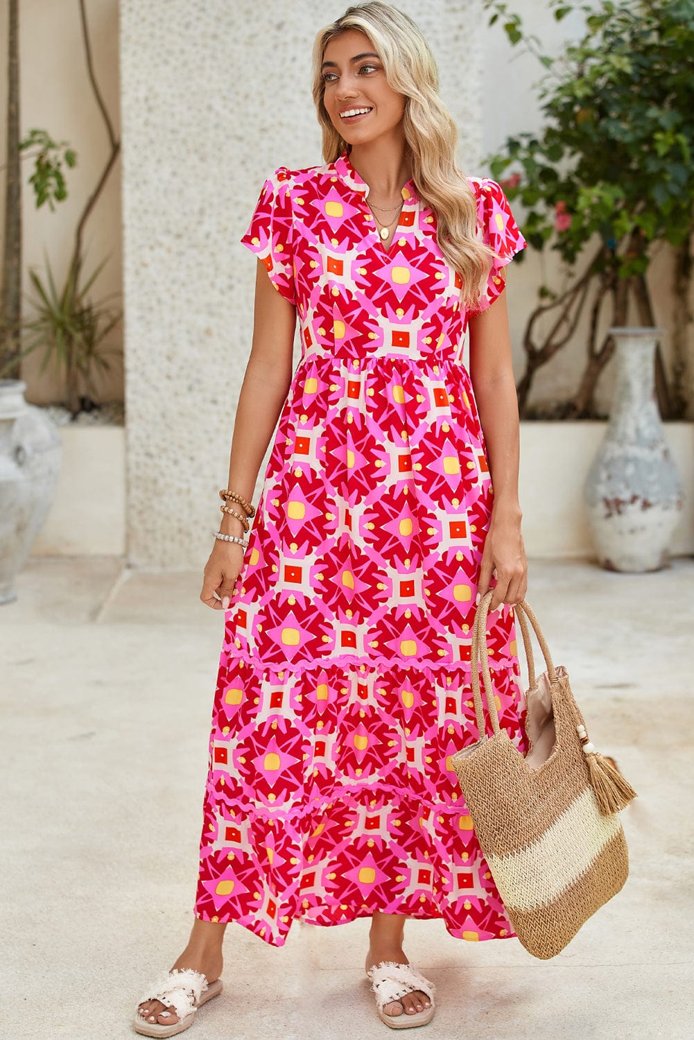 Strawberry Pink Abstract Print Pleated Flounce Sleeve Maxi Dress