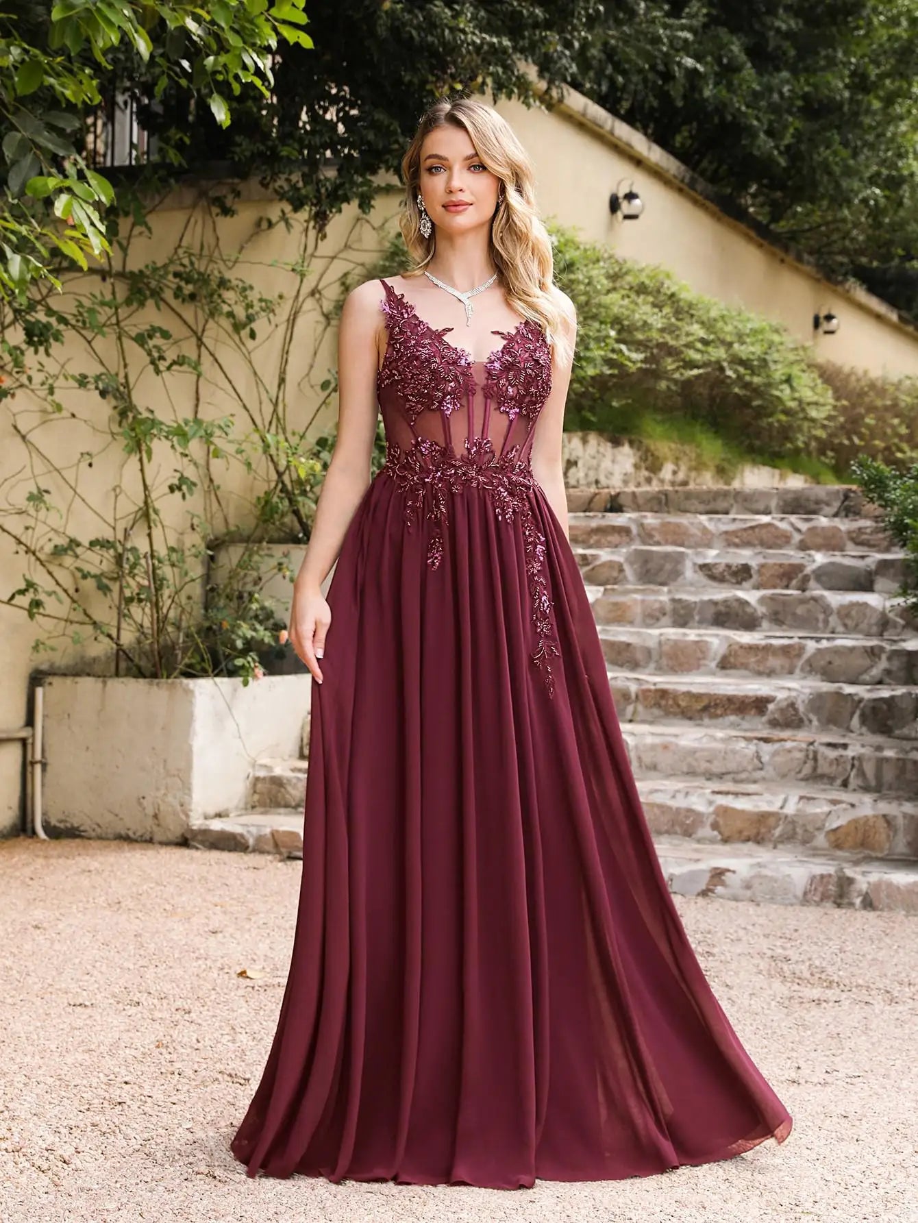 Floral Appliqué Evening Gown