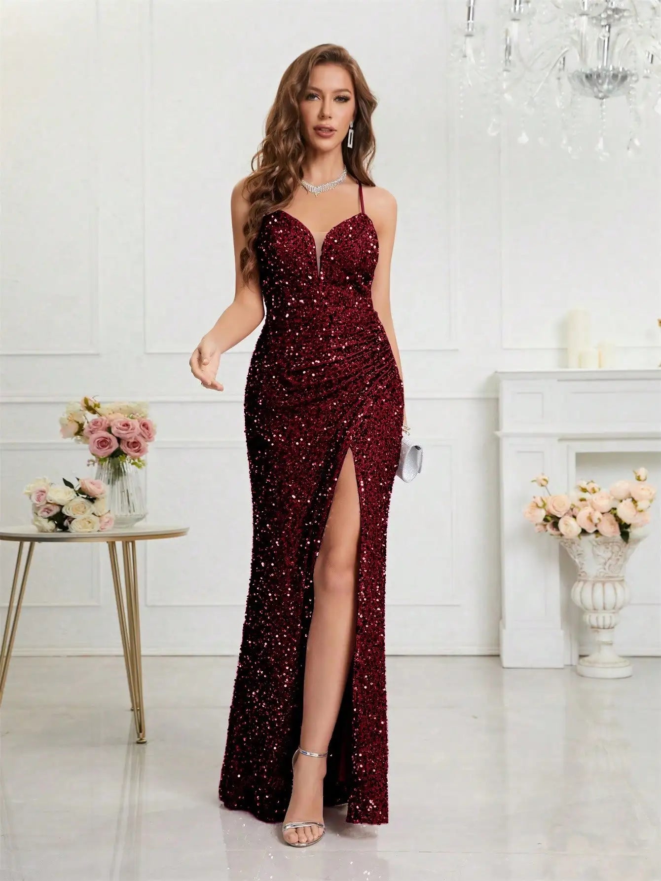 Sparkling Rose Sequin Evening Gown with Thigh-High Slit