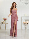 Sparkling Rose Sequin Evening Gown with Thigh-High Slit