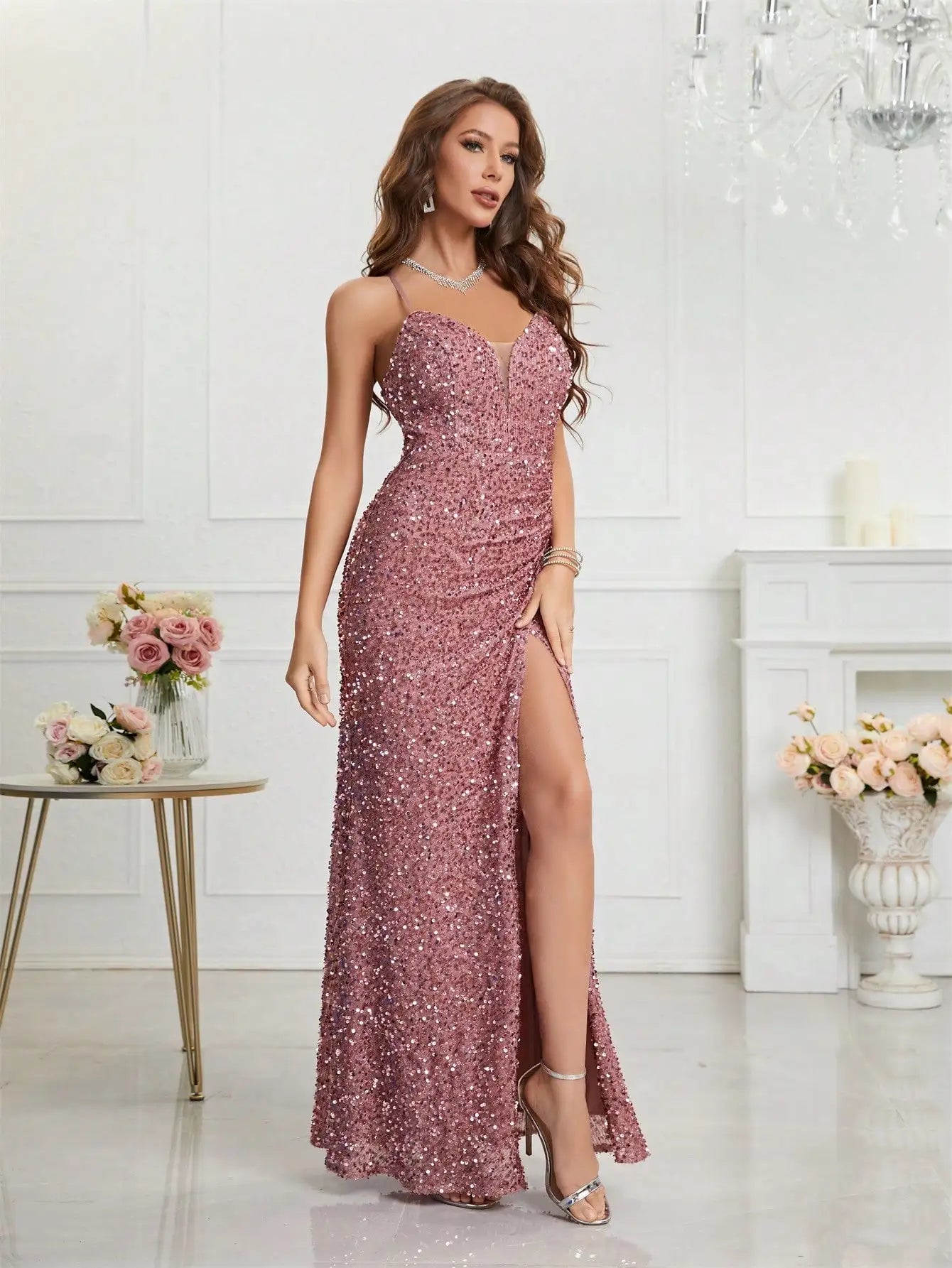 Sparkling Rose Sequin Evening Gown with Thigh-High Slit