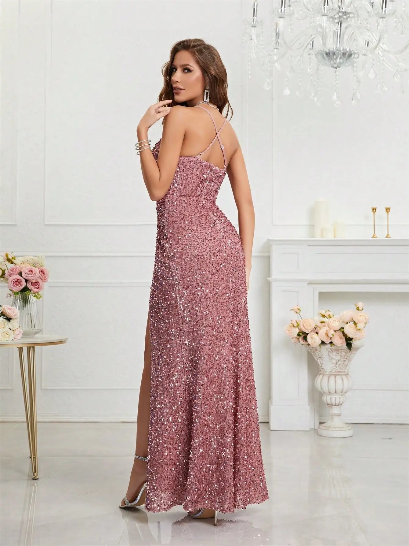 Sparkling Rose Sequin Evening Gown with Thigh-High Slit